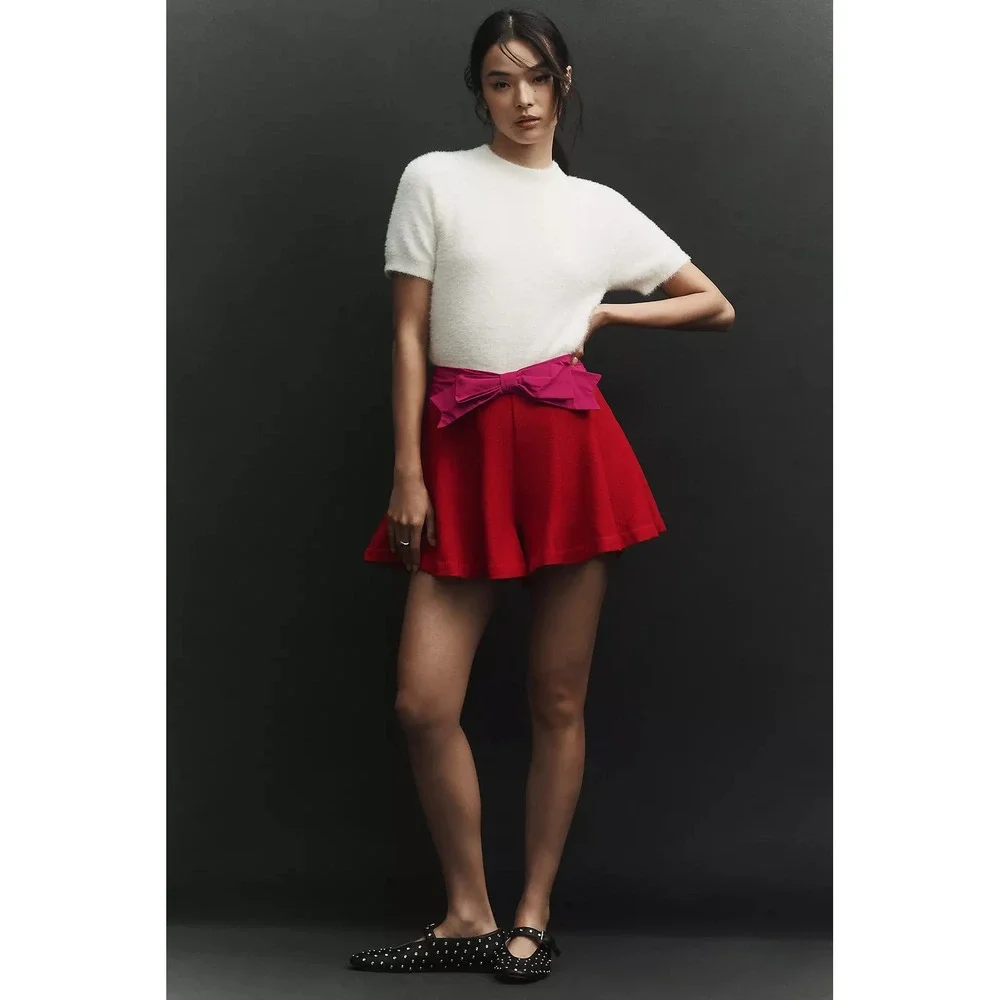 Anthropologie Maeve Paneled Skirty Shorts Red Pink Bow Waist Size 4